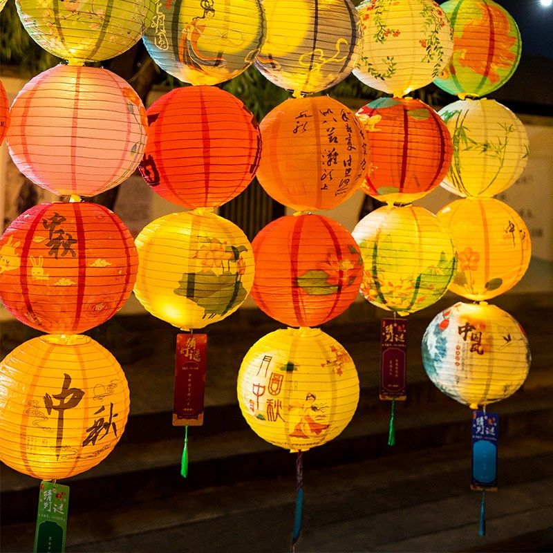 中秋节国风国庆装饰古风折叠纸福灯笼猜灯谜商场喜庆场景氛围挂饰