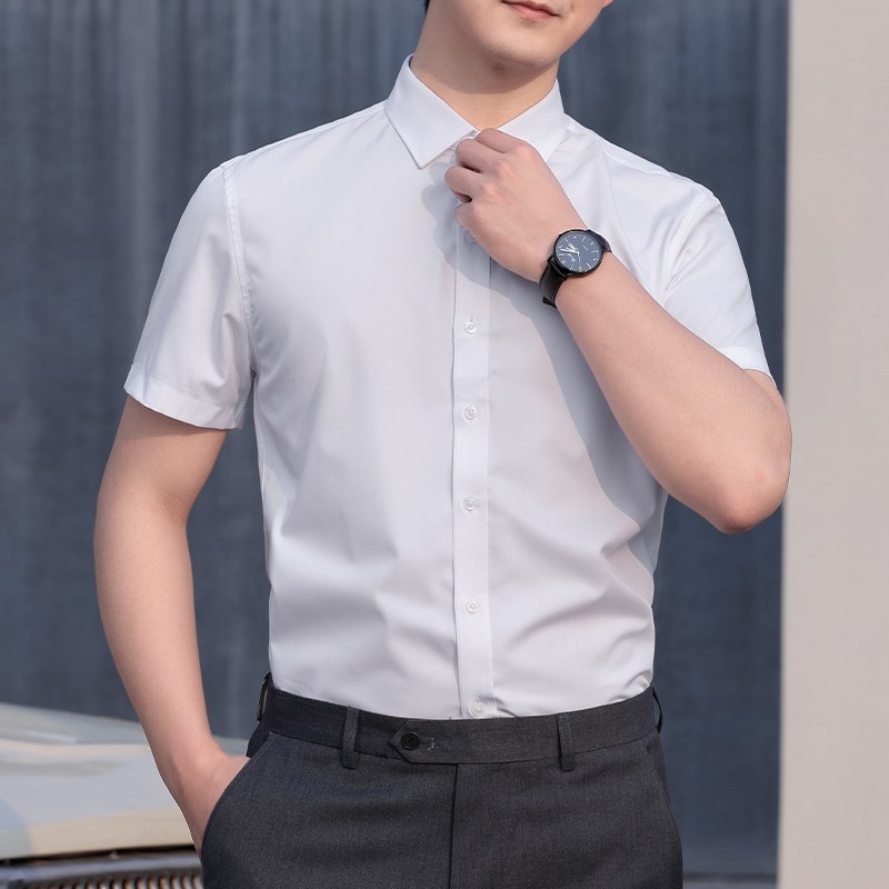 潘文工作服白衬衫男短袖商务正装结婚伴郎服好打理微弹职业寸衬衣