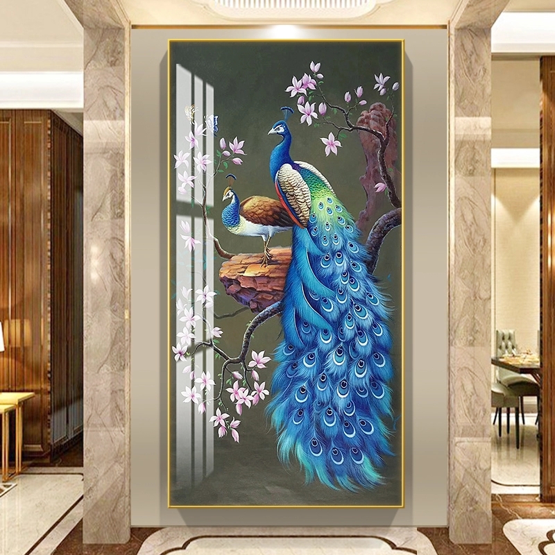 孔雀入门玄关装饰画走廊过道背景墙尽头壁画客厅竖版招财晶瓷挂画