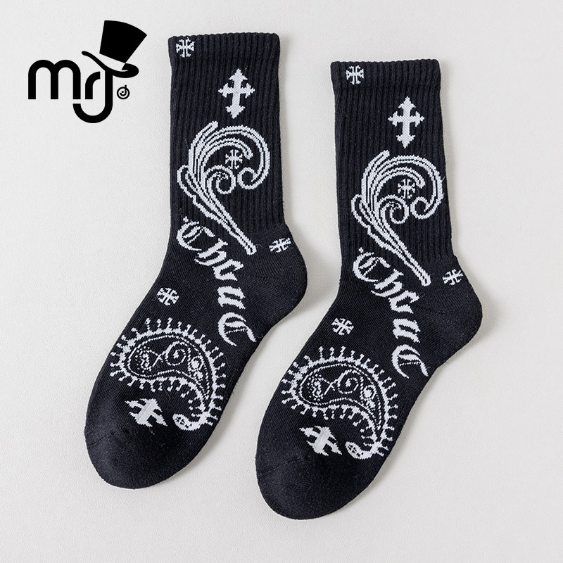 MRJ周杰伦原创品牌精梳棉无骨运动男女同款潮袜情侣款中筒黑色袜
