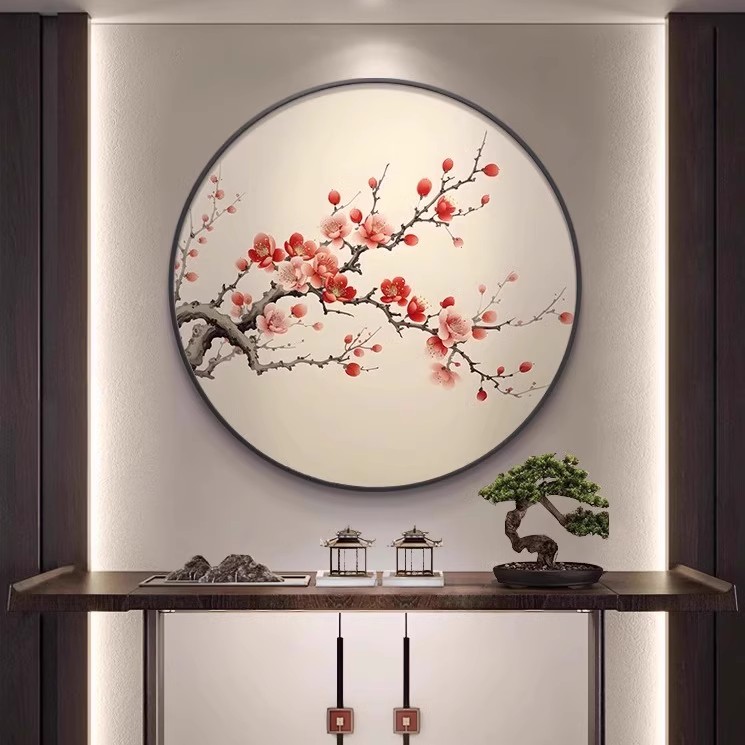 亿笔一画梅花入户玄关装饰画墙面艺术新中式圆形餐厅挂画古风图片