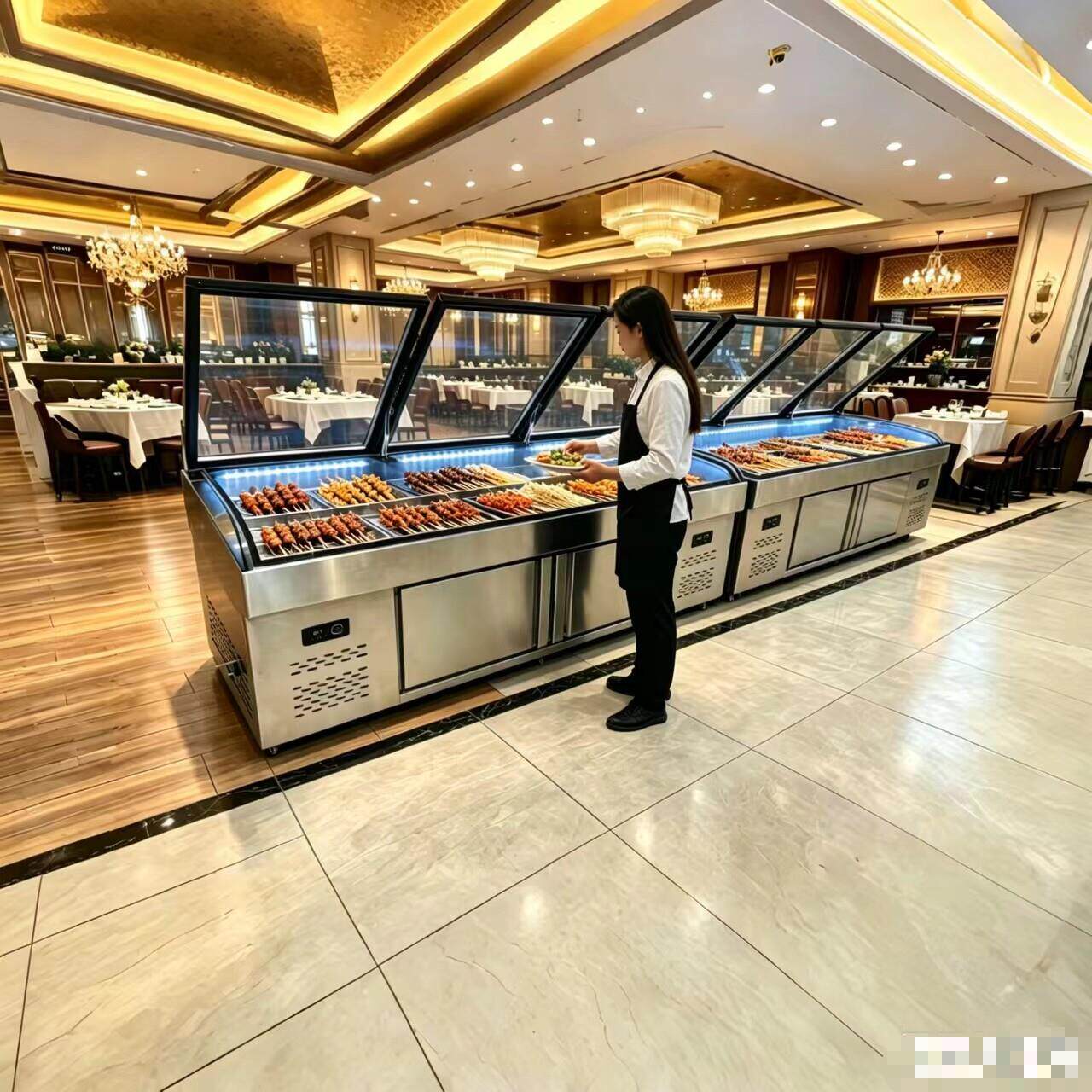 明档圆弧玻璃阶梯冰台展示柜海鲜串串点菜柜凉菜熟食不锈钢保鲜柜