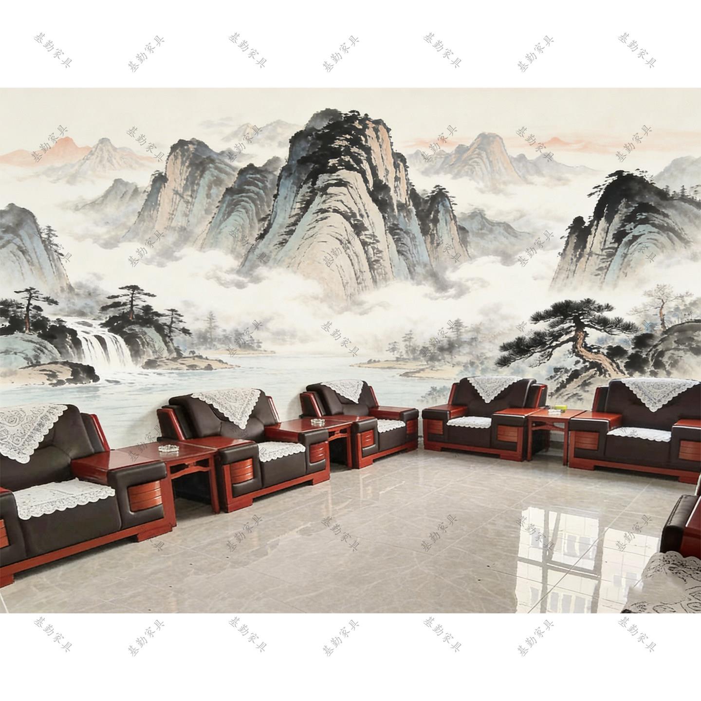 实木真皮沙发组合客厅办公会客多人商务洽谈接待贵宾会议沙发茶几