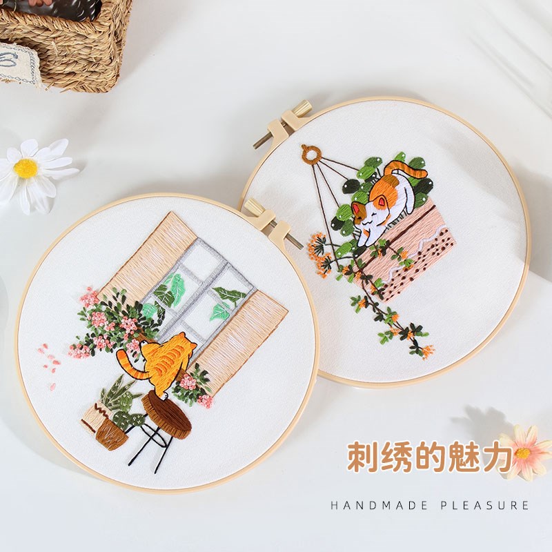 手工刺绣diy材料包 猫咪刺绣花卉欧式立体绣花装饰挂画自绣图片