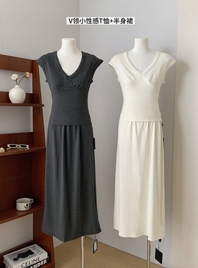 e g0 studi0 波浪边专机天丝兔毛V领小性感T恤+半身裙长裙套装女