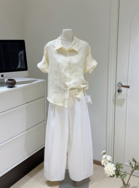 【人气新品】慵懒风亚麻翻领短袖衬衫女宽松卷边袖黄色上衣夏季