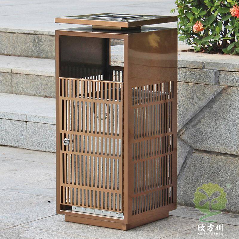 房地产大堂庭院室内户外电镀不锈钢单筒金属果皮箱垃圾桶方形纸篓