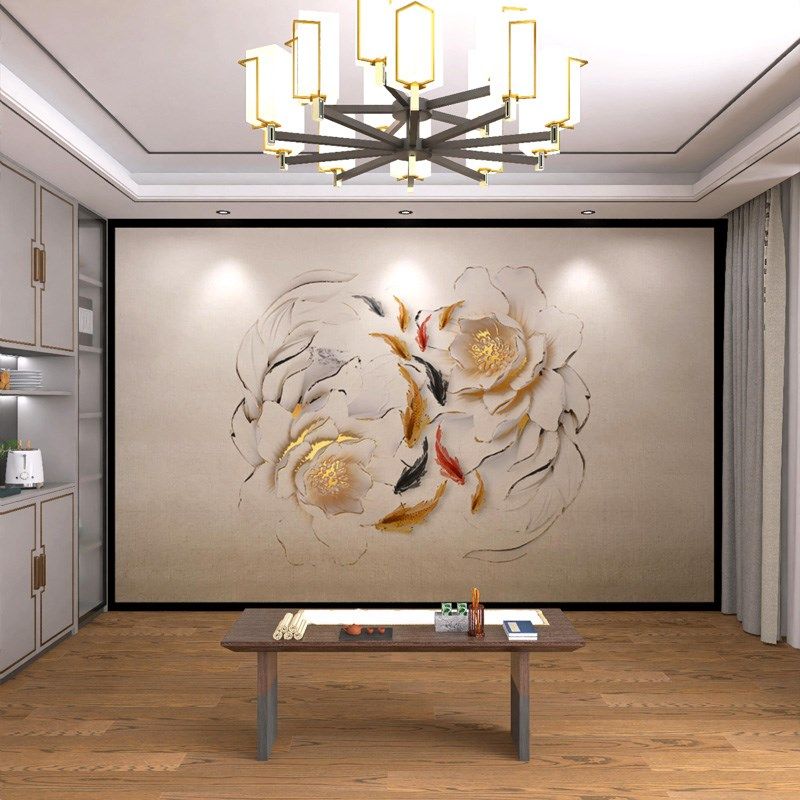 墙纸定制d立体中式运锦鲤电视背景墙壁纸客厅壁布装饰墙布壁画