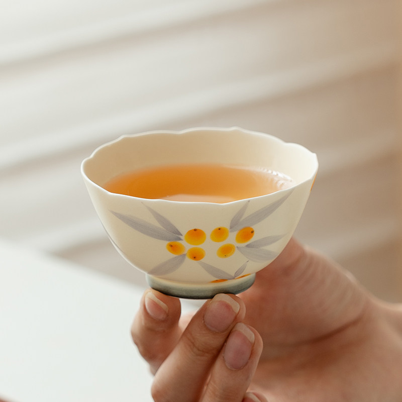 拓土茶杯杯品茗杯单杯纯手绘枇杷粉引瓣斗笠杯