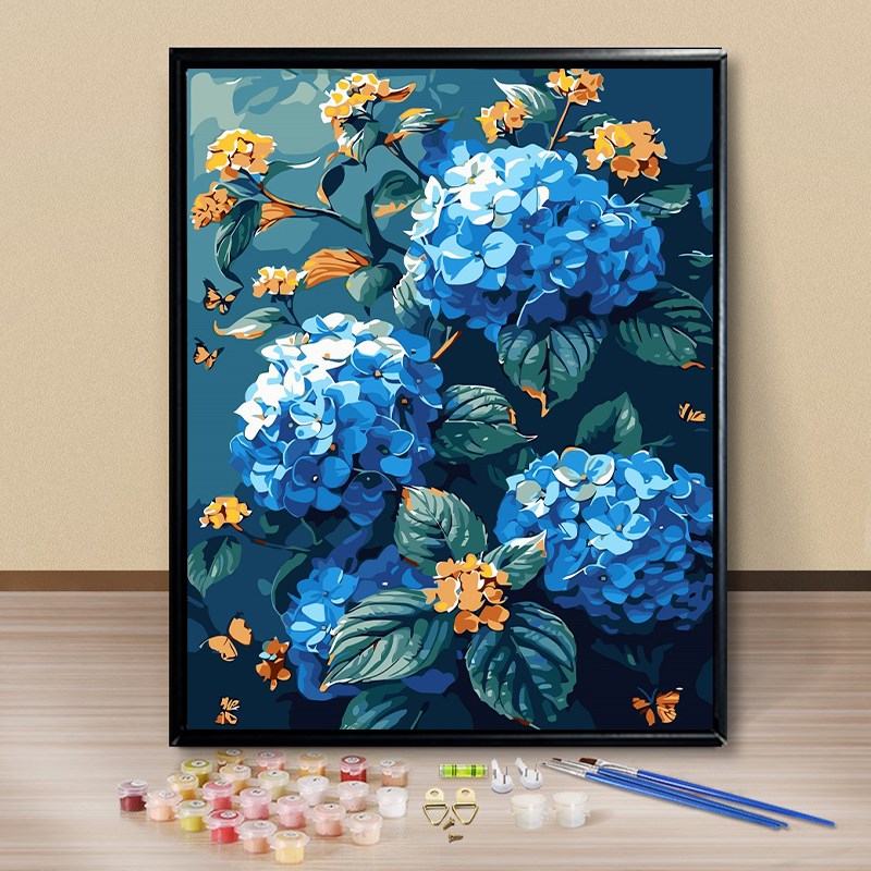 黑白画映 数字油画diy手绘填充手工填色蓝色花卉油彩画客厅装饰画