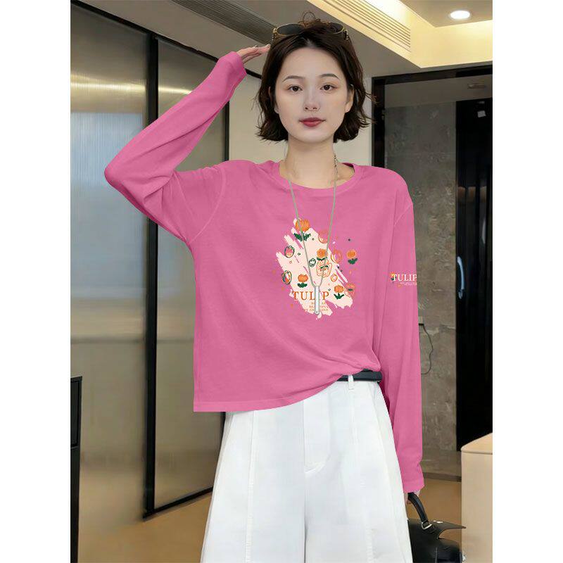 100纯棉t恤长袖打底衫女春秋季潮流爆款时尚通勤百搭大码女装上衣