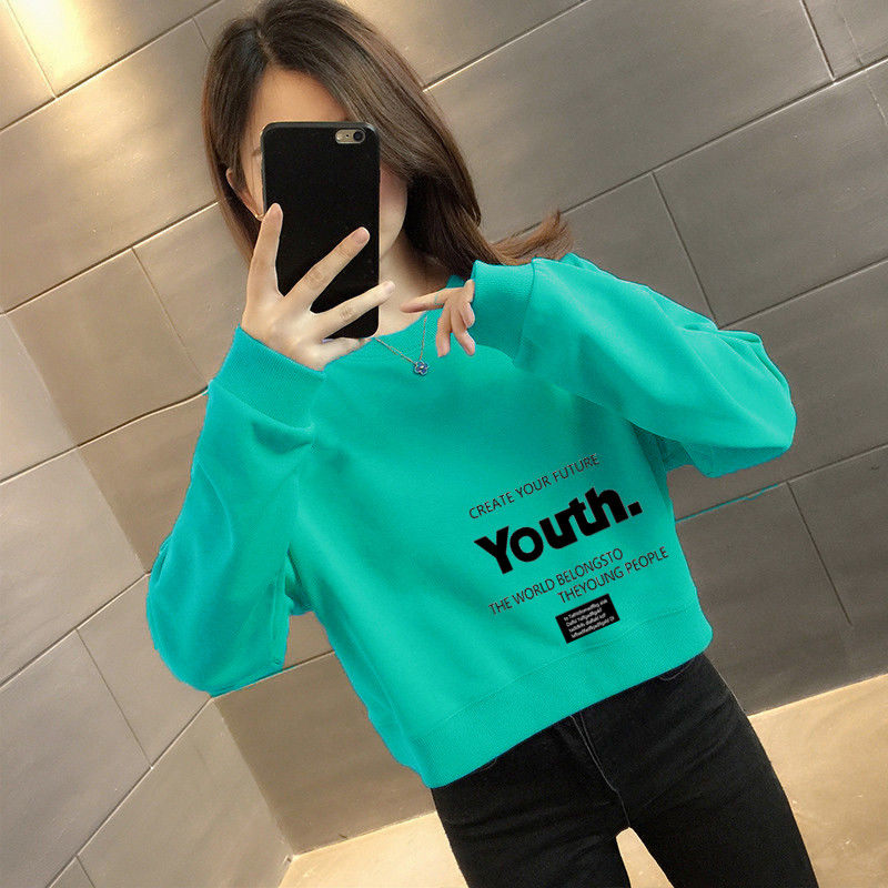 纯棉高腰短款卫衣女春秋季洋气百搭宽松显瘦小个子设计感圆领上衣