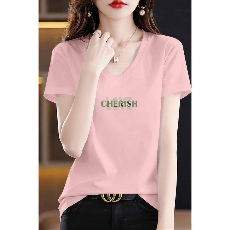 韩版纯棉v领短袖t恤女夏季新款时尚大码显瘦ins印花洋气女装上衣
