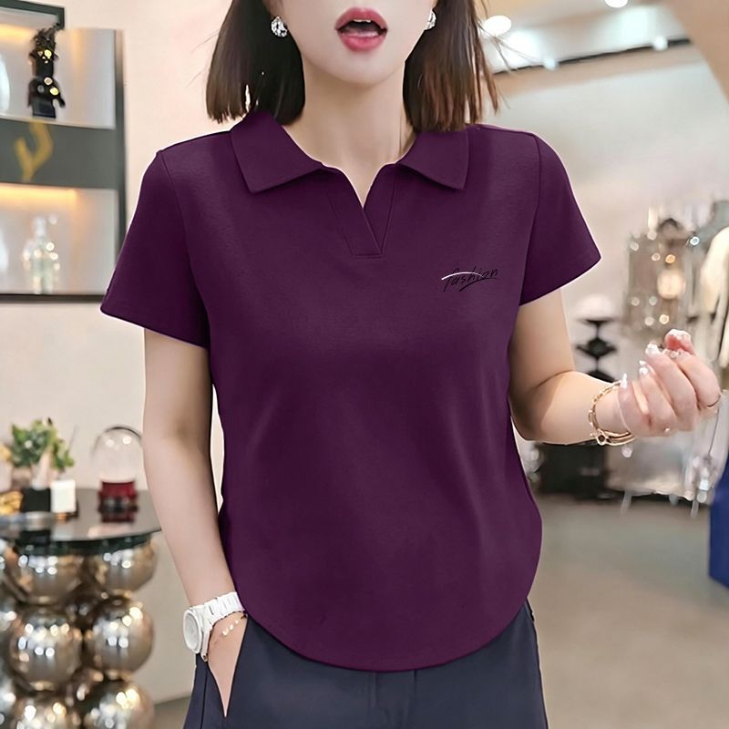 纯棉短袖t恤女夏装新款设计感翻领大码polo衫宽松弧形下摆上衣ins