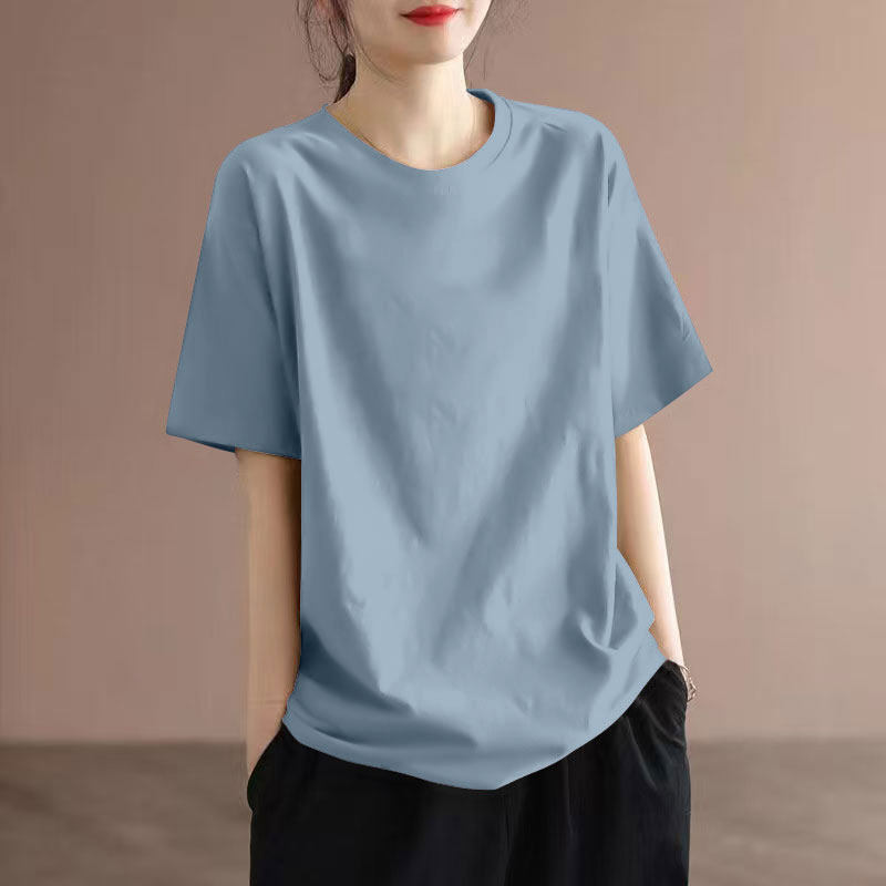 夏季纯棉中长款t恤女韩版宽松休闲百搭显瘦圆领纯色短袖女装上衣