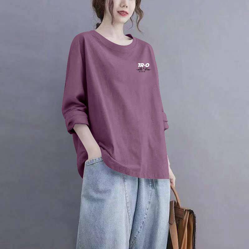 时尚大码纯棉打底衫女春秋季韩版简约休闲显瘦圆领t恤长袖上衣女