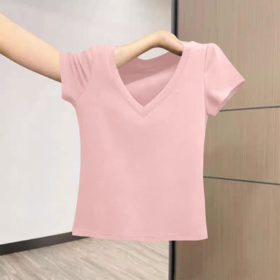 夏季纯棉T恤女士短袖v领上衣女