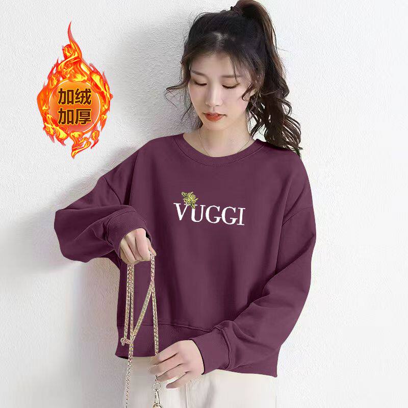 秋冬季韩版加绒卫衣女洋气百搭高腰短款保暖宽松显瘦加厚长袖上衣