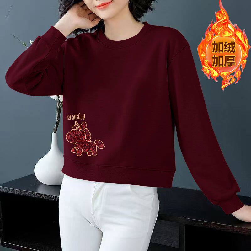 纯棉短款女士卫衣秋冬季加绒加厚潮流小个子新年印花本命年上衣女