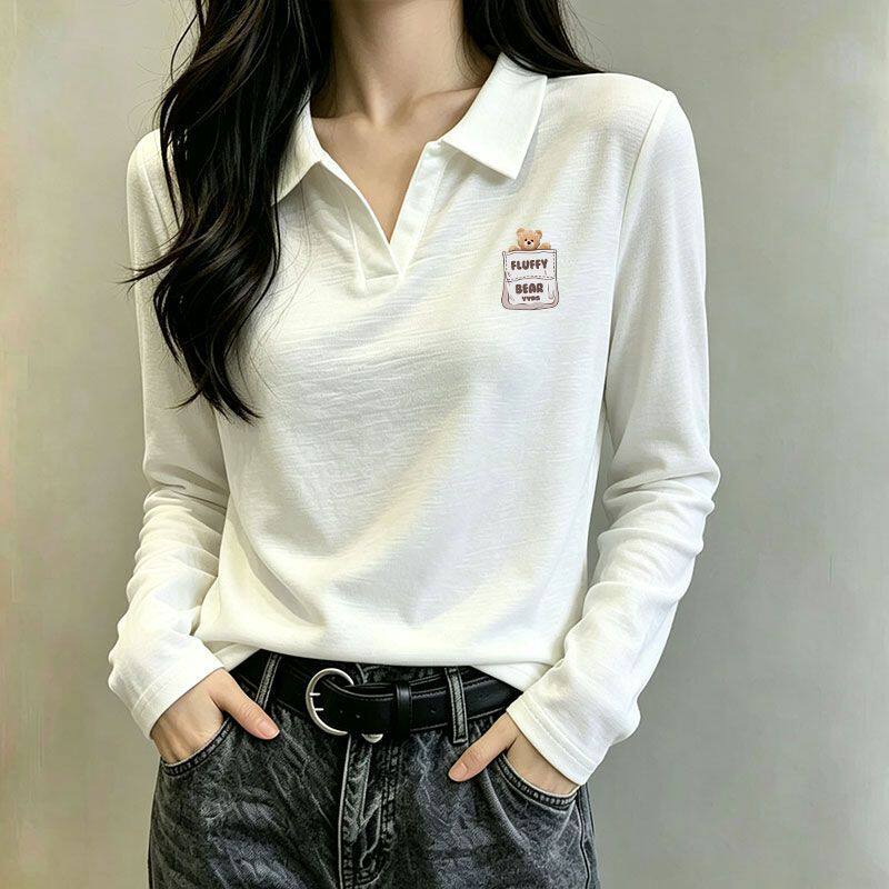 纯棉翻领长袖T恤女秋季宽松