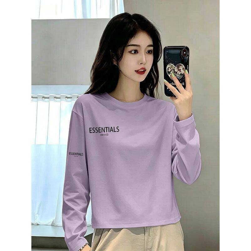 100%纯棉长袖T恤女薄款短款