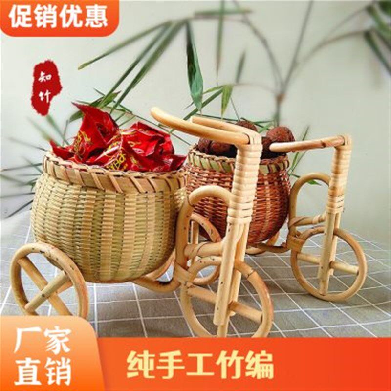 手工腾越竹编竹藤制工艺品创意迷你小单车小竹筐装饰道具