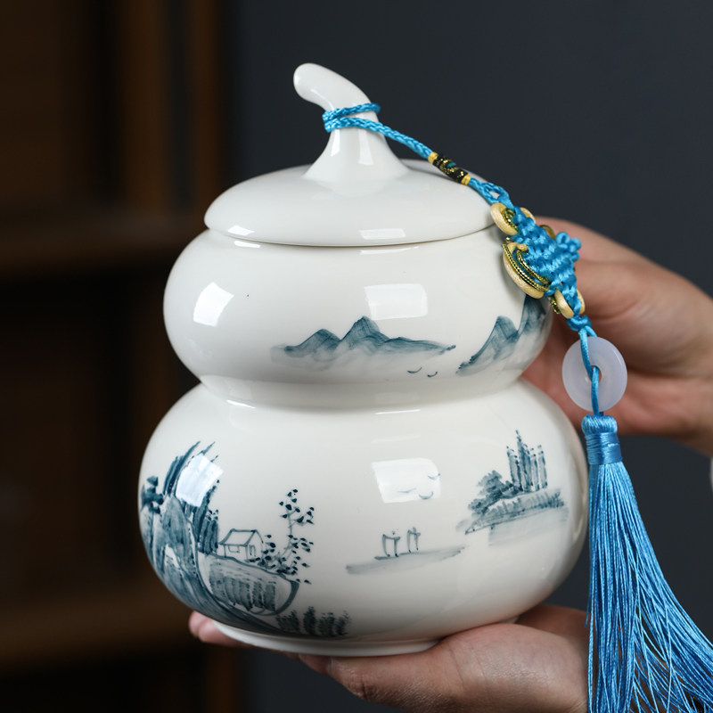 纯手绘茶叶罐山水竹子大号葫芦密封罐储茶存罐通用红绿茶普洱