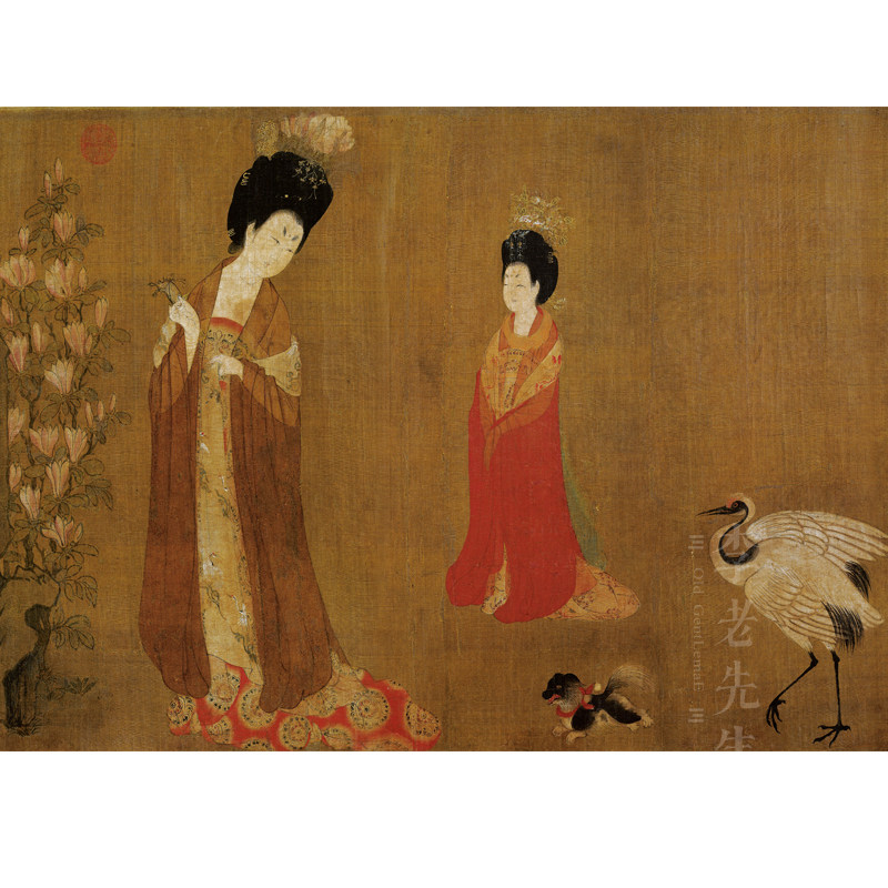 唐代美人簪仕女图墙纸国画古典壁纸饭店民宿摄影背景墙壁画