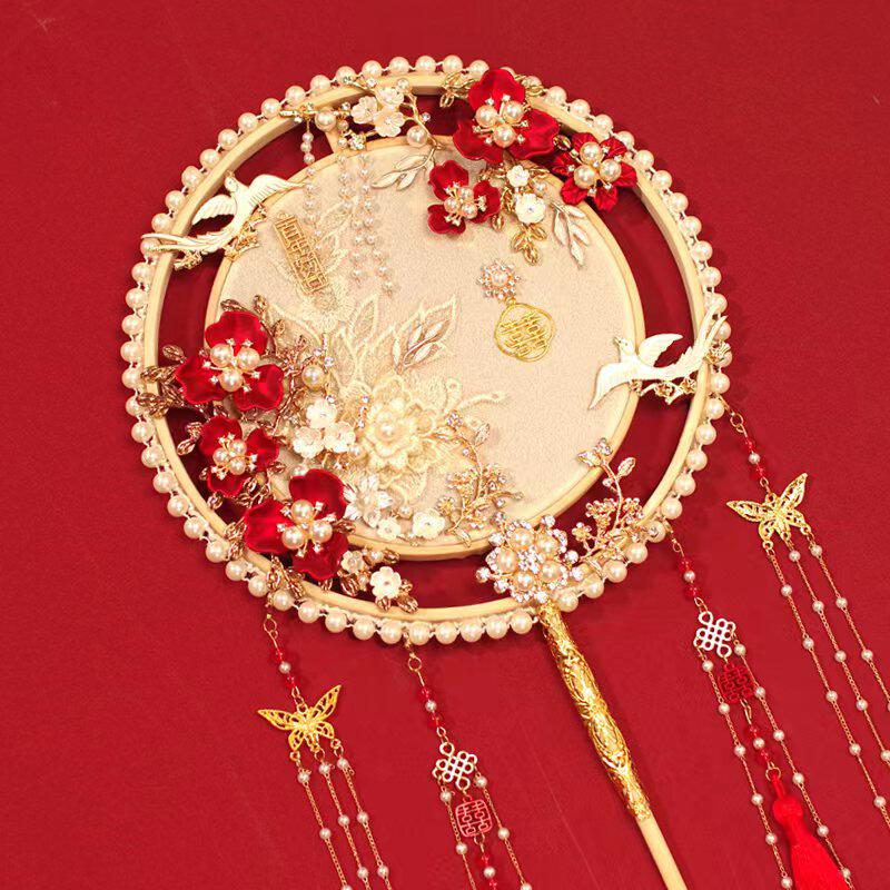 中式婚礼秀禾扇结婚新娘团扇diy材料包手工古风出嫁红喜扇子成品