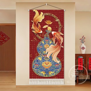 福禄葫芦玄关m挂画锦鲤过道墙画红色百福图入户迎门布艺挂 新中式