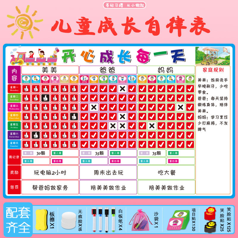 儿童成长自律表铁性墙奖励纸一家口口奖罚奖惩积分卡习惯记录表行