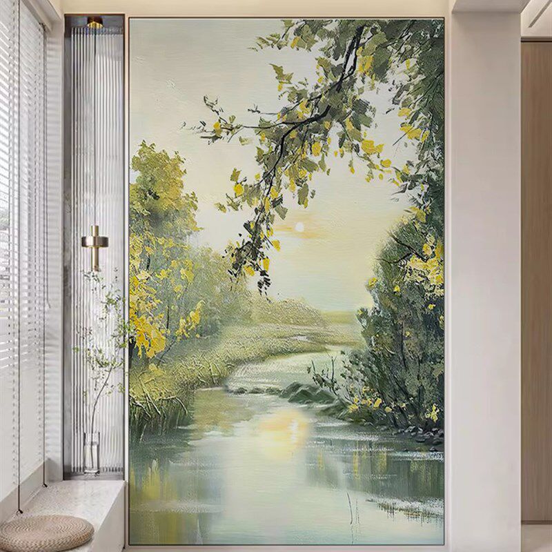 现代油画进门玄关背景墙壁纸山水风景走廊过道壁画客厅装饰画
