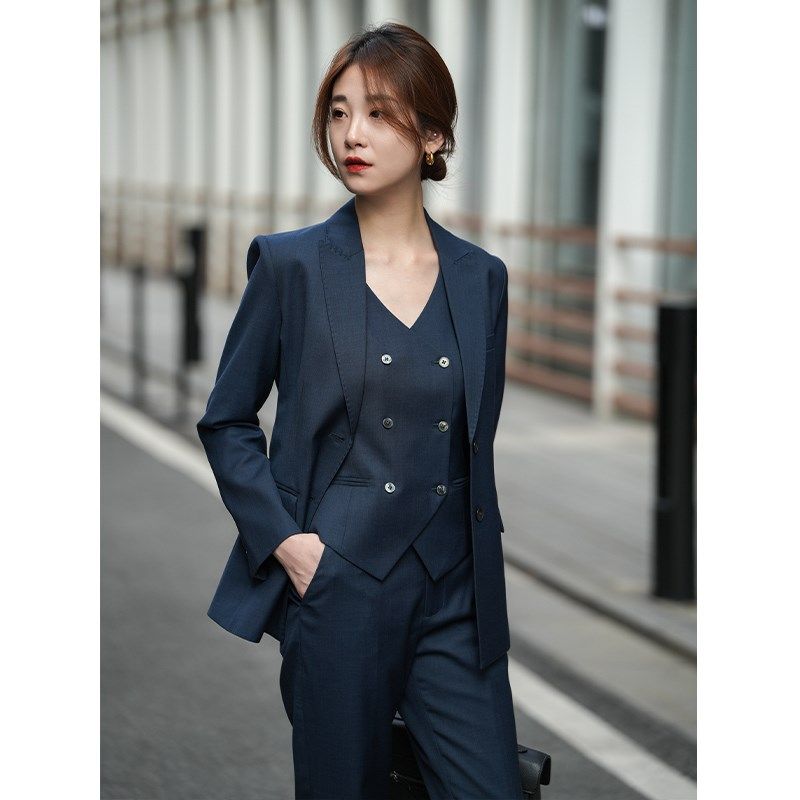 春秋冬新藏蓝色精纺羊毛职业正装西装高级感商务面试OL马甲套装女