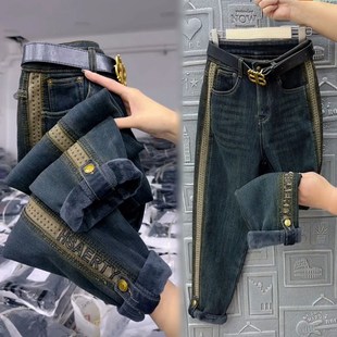 休闲直筒九分靴裤 秋冬加绒加厚牛仔裤 子女士高腰宽松显瘦高老爹裤