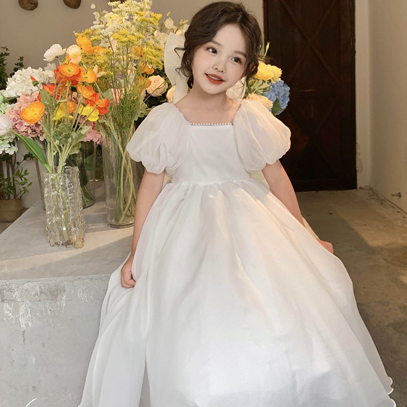 送头纱女童夏季高级感洋气白色婚纱主持人礼服纱裙儿童生日公主裙