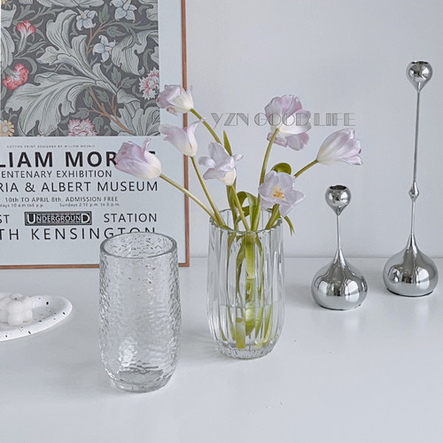 高品质复古浮雕透明玻璃高脚花瓶轻奢高级感水养插花餐桌装饰摆件