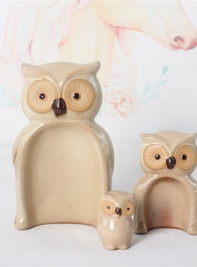 小众创意陶瓷可爱青蛙猫头鹰一家三口桌面客厅电视柜入户玄关摆件