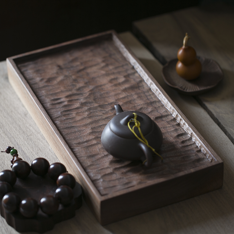 黑胡桃木茶盘小型实木日式手工雕刻木质方茶台壶承整块原木干泡台