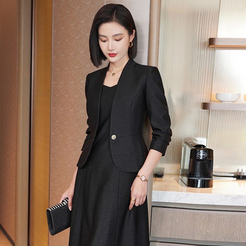 高端无领西装短款外套女春秋新款气质百搭中国风优雅连衣裙两件套