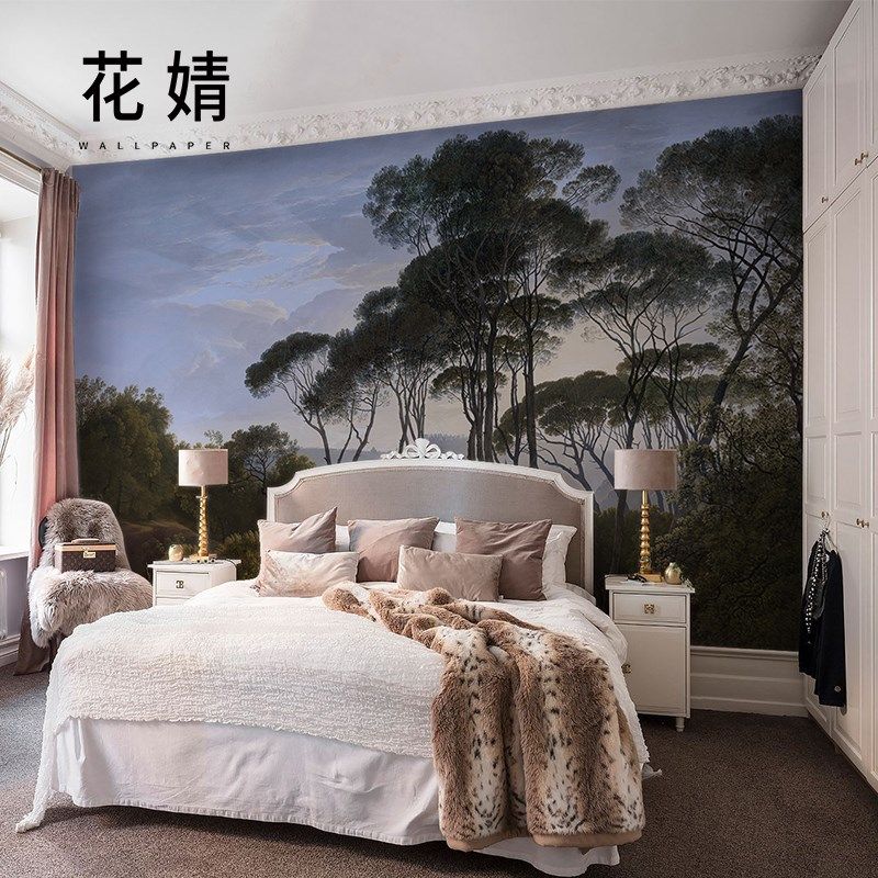 欧式伞松风景画客厅壁纸无缝墙纸卧室别墅墙布电视背景墙定制壁画