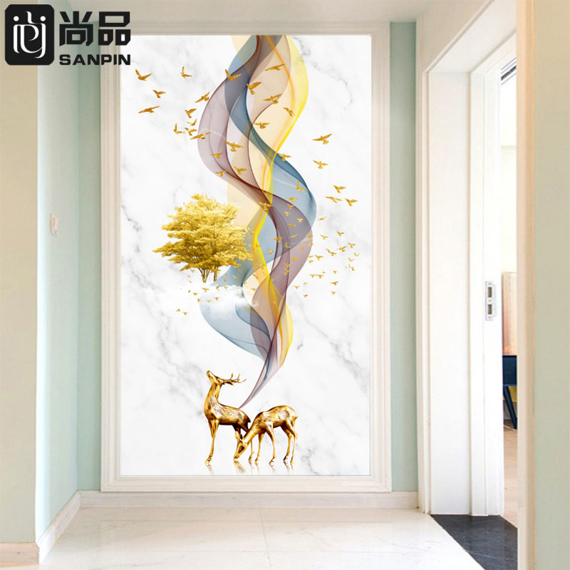 现代玄关背景墙壁纸壁画过道装饰画竖墙纸招财画进门墙布d