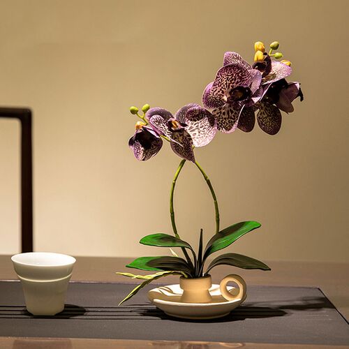 级仿生餐桌紫色蝴蝶兰仿真新博古架茶桌装饰品