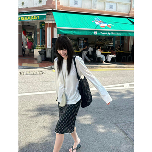 白色圆领正肩长袖上衣薄款罩衫打底衫女春季新款波点半身裙两件套