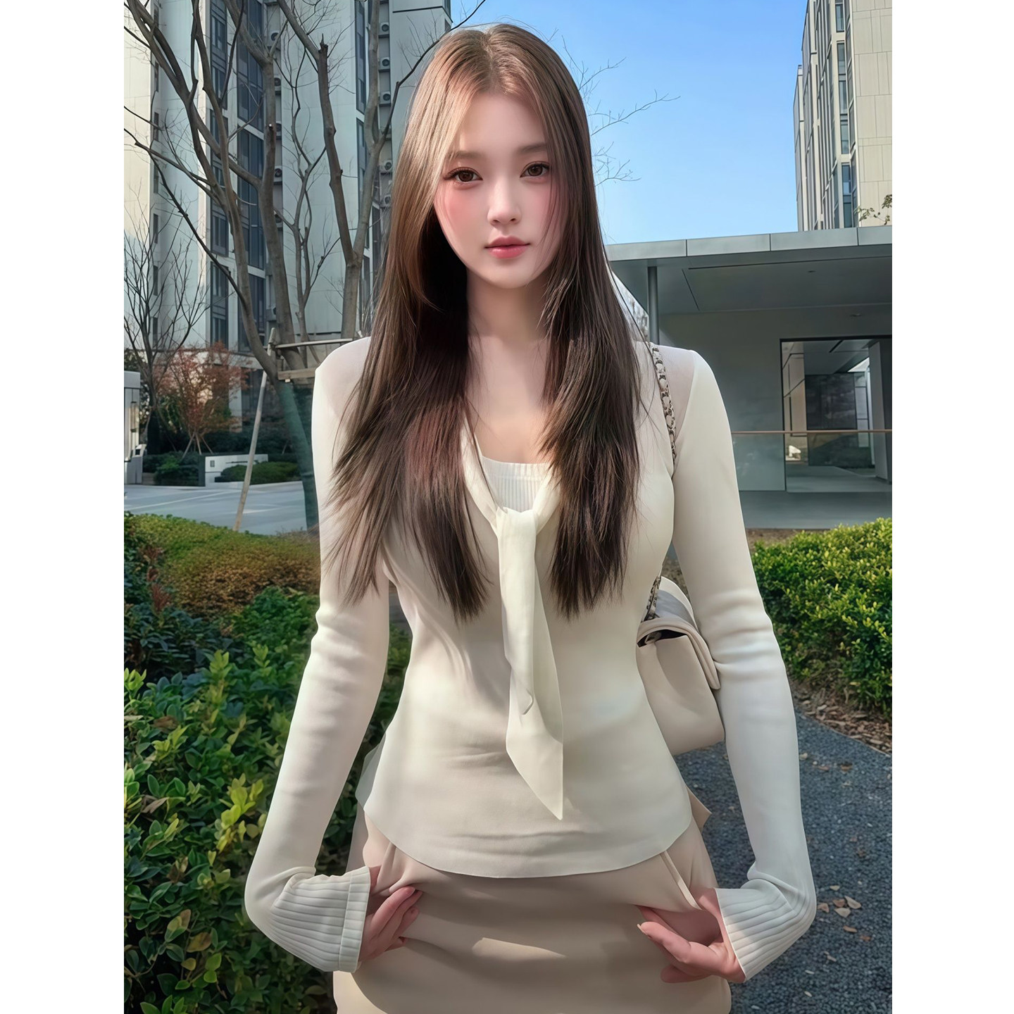 慵懒温柔风飘带半透修身长袖针织衫上衣女高腰包臀a字短裙两件套