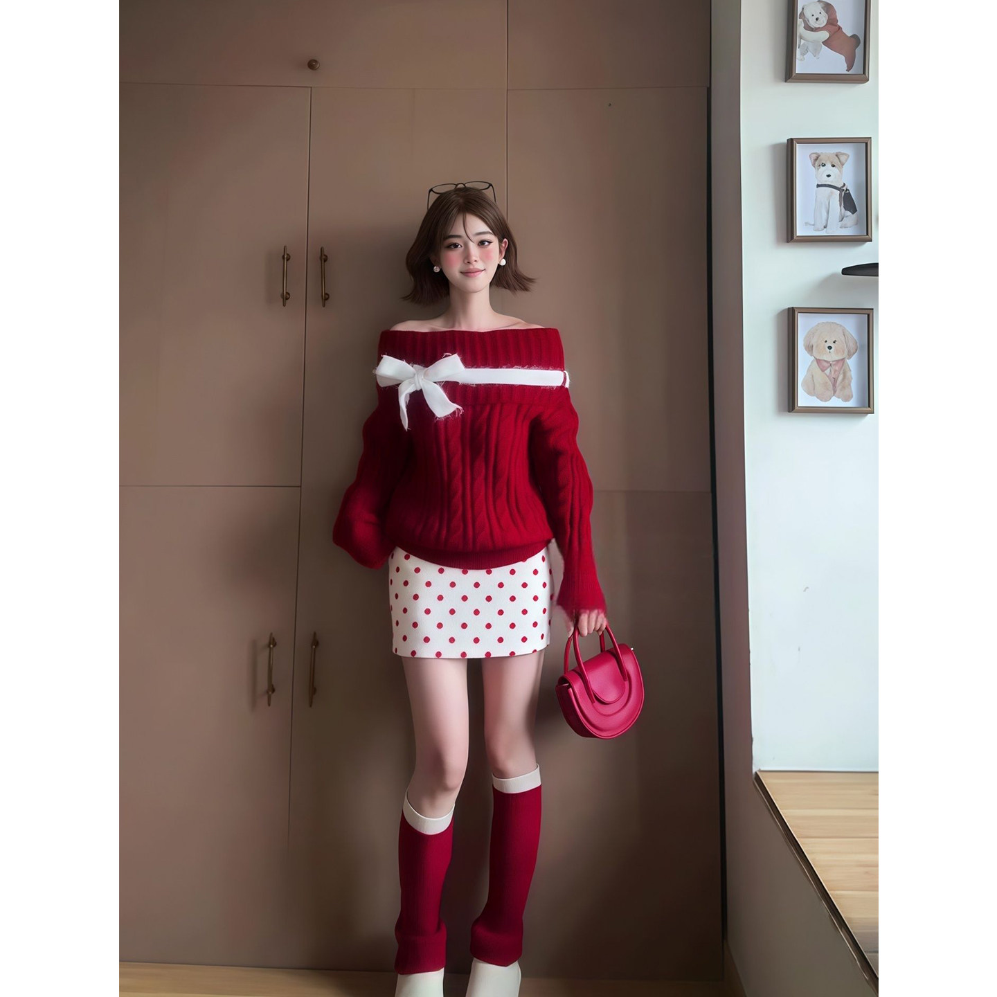 氛围感一字肩蝴蝶结显瘦毛衣女慵懒红色波点印花高腰a字裙两件套,女装/女士精品,时尚套装,淘宝优惠券,粉丝福利购,淘宝优惠卷