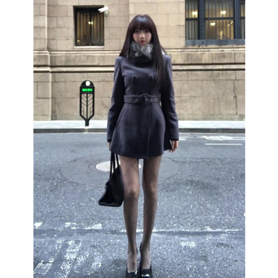 复古深灰色收腰正肩毛呢外套女