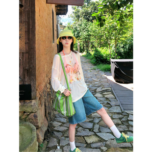 休闲度假风印花圆领防晒罩衫上衣春季新款松弛感简约百搭长袖T恤