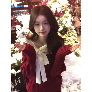 纯欲红色一字肩软糯蝴蝶结包臀长袖针织连衣裙女秋冬新款露肩短裙