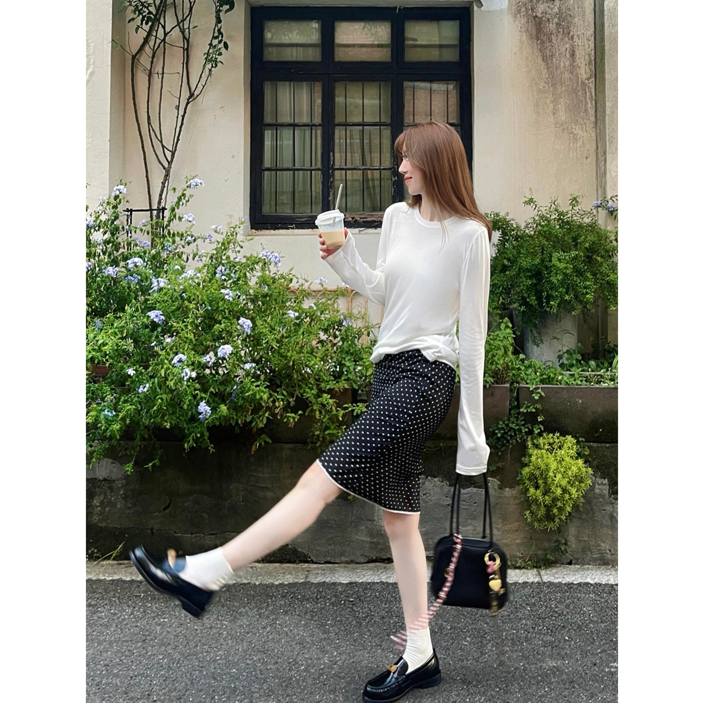 白色简约百搭宽松圆领长袖T恤上衣搭配法式气质波点半身裙两件套,女装/女士精品,时尚套装,淘宝优惠券,粉丝福利购,淘宝优惠卷