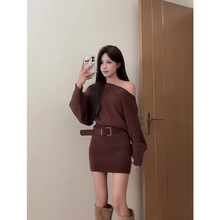 美拉德轻奢收腰系带包臀针织连衣裙女新款 短裙子 高级感斜肩蝙蝠袖